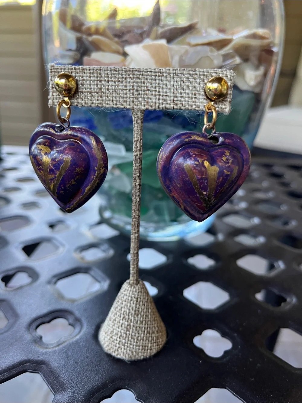 Hand-Painted Purple Heart Drop Earrings with Gold Accents